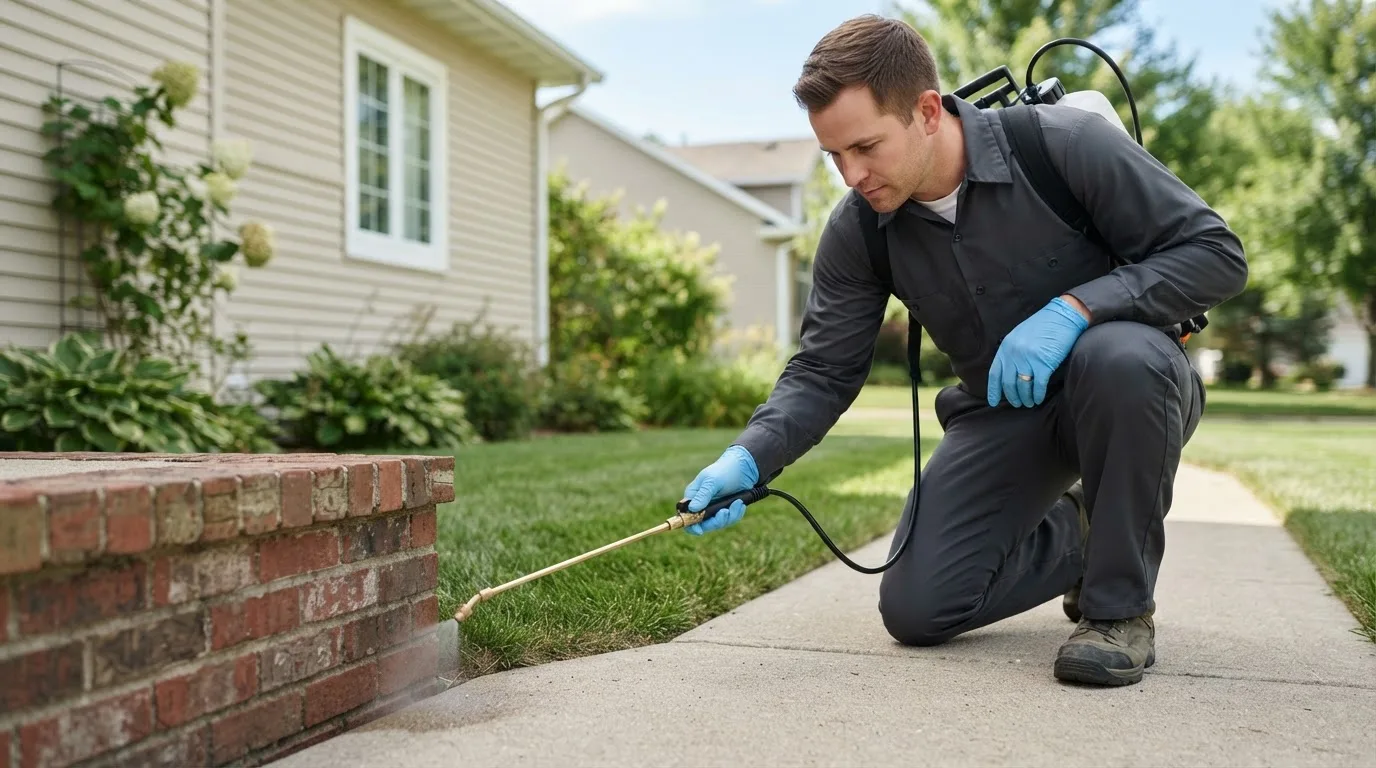 Pest control technician treating a home near Roby, TX
